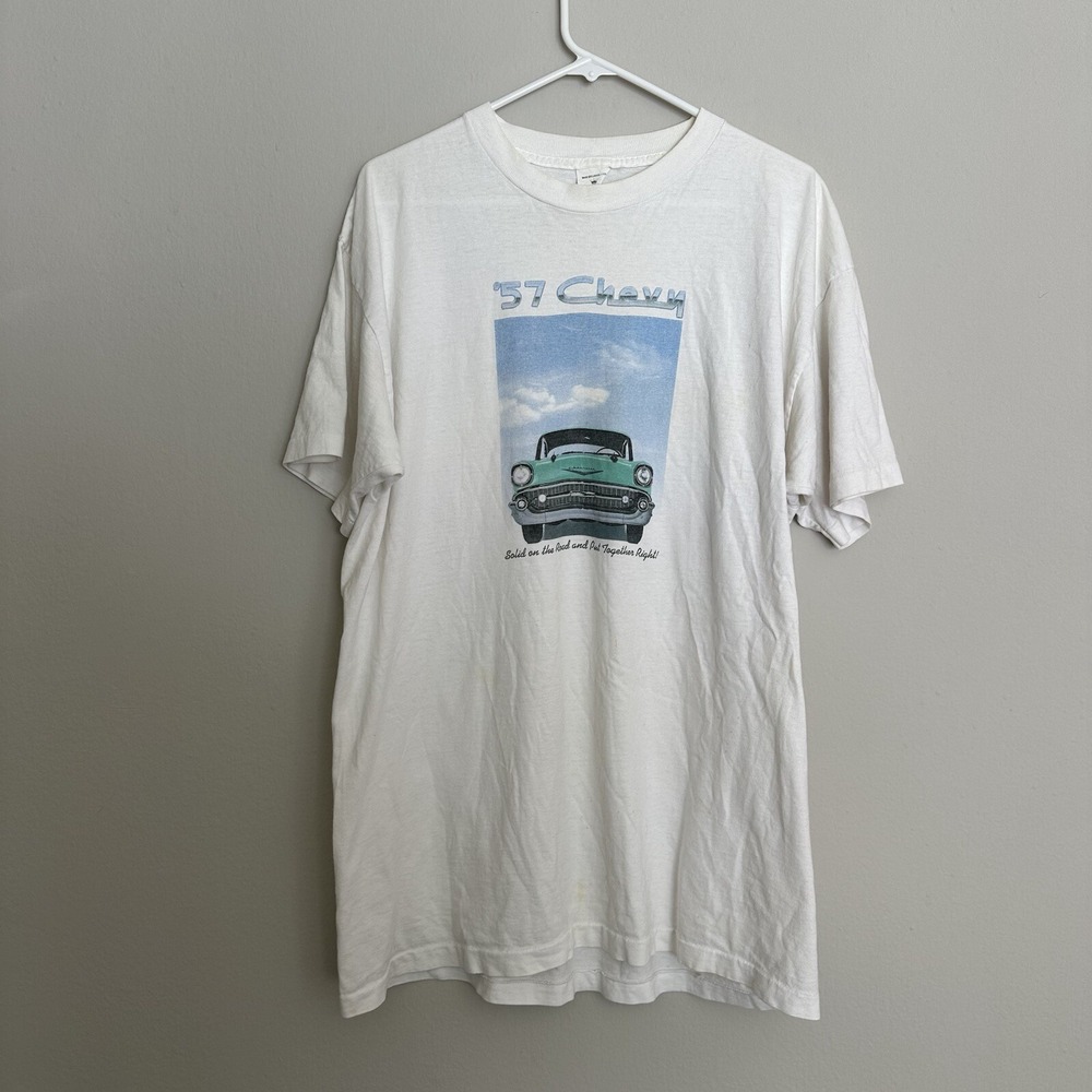Vtg 57 Chevy Shirt Mens‎ XL White Hallmark Classic Car Hot Rod Single Stitch